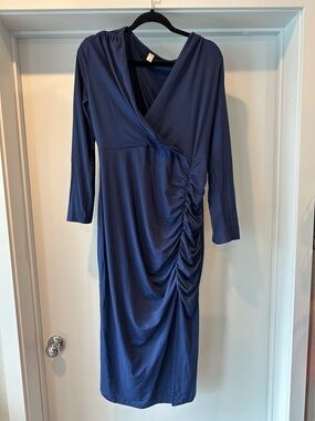 Ruched Midi Wrap Dress in Navy Blue
